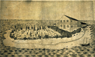A watercolor by unknown artist about1864 of the Hopsital and Cemetery that was on Sand Key at the Torutgas. The Island was later washed away in a storm. Photo credit: Monroe County Library.