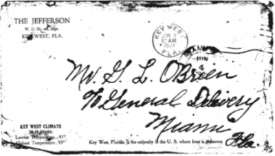 An envelope from the Jefferson Hotel used by Mrs. W.D. Cantrell. Photo credit: Monroe County Library.